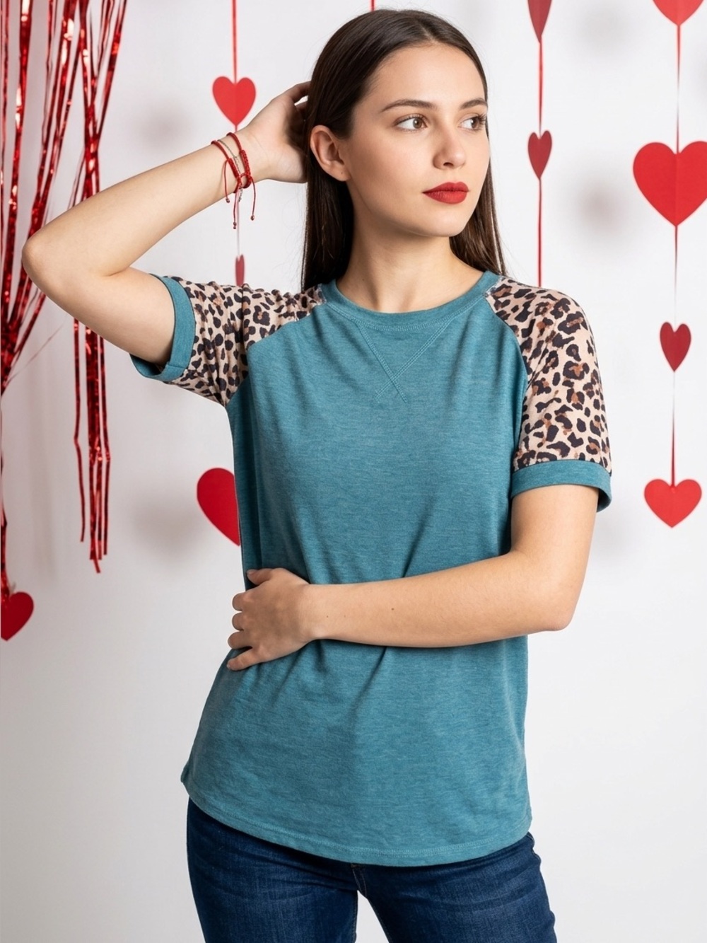 Teal Short-Sleeve Top with Contrast Sleeves